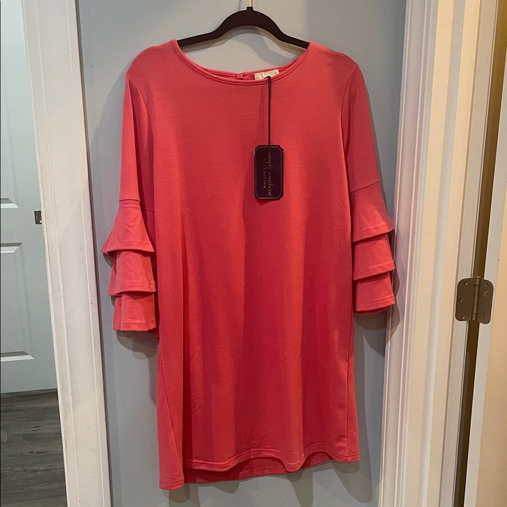Simply Southern Coral Ruffle Sleeve Dress